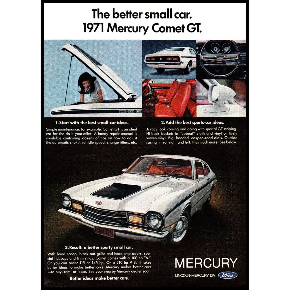 1971 Mercury Comet GT Coupe Vintage Print Ad Classic Sports Car Wall Art Photo